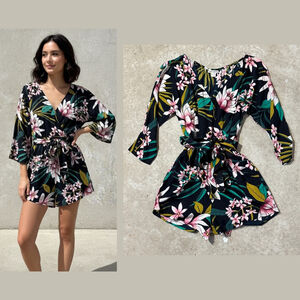 BILLABONG Romper Women's Small Black Pink Floral Tie Belt V-Neck 3/4 Sleeves